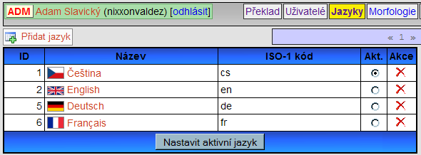 11.4 Jazyky Na stránce jazyků můžete vybrat aktivní jazyk, ve kterém chcete pracovat.