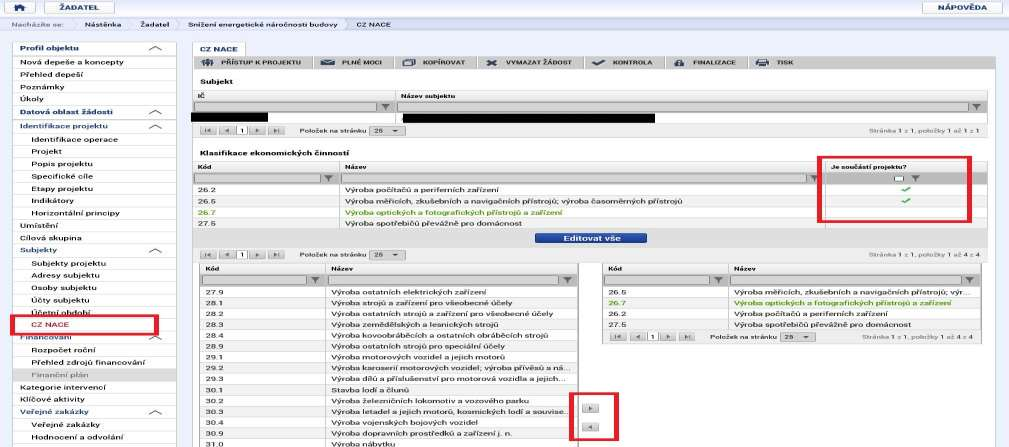 Klasifikace ekonomických činností: z tabulky vlevo dole (možno filtrovat dle příkladu) pomocí vyberte všechny ekonomické činnosti projektu. Je součástí projektu?