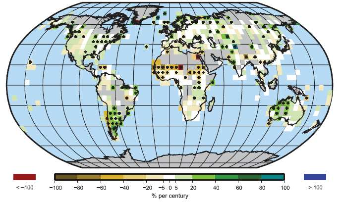 2. SRÁŽKY V GLOBÁLNÍM A EVROPSKÉM MĚŘÍTKU 2.1 Změna v globálním měříku Změny srážek ve světě za posledních několik desetiletí jsou prostorově velmi rozmanité.