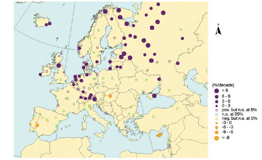 2.2 Trendy ve srážkách v Evropě Evropa je oblast, která je nejvíce ovlivňována prouděním ze západu (Atlantiku).