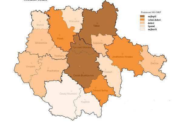 Obr. 2 Výsledky srovnávací analýzy ORP kraje v sociální oblasti (2014) Zdroj: ČSÚ Nejlepší situace v sociální oblasti dle hodnocených kritérií je hodnocena na území SO ORP České Budějovice, Týn nad