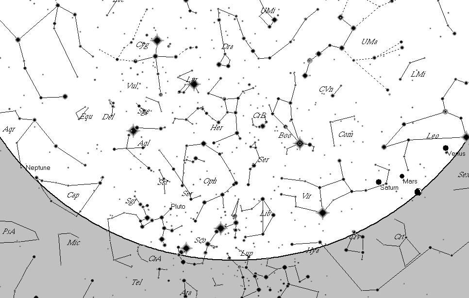 NADHLAVNÍK VÝCHOD JIH ZÁPAD Mapa noční oblohy. Situace na mapě odpovídá 15.