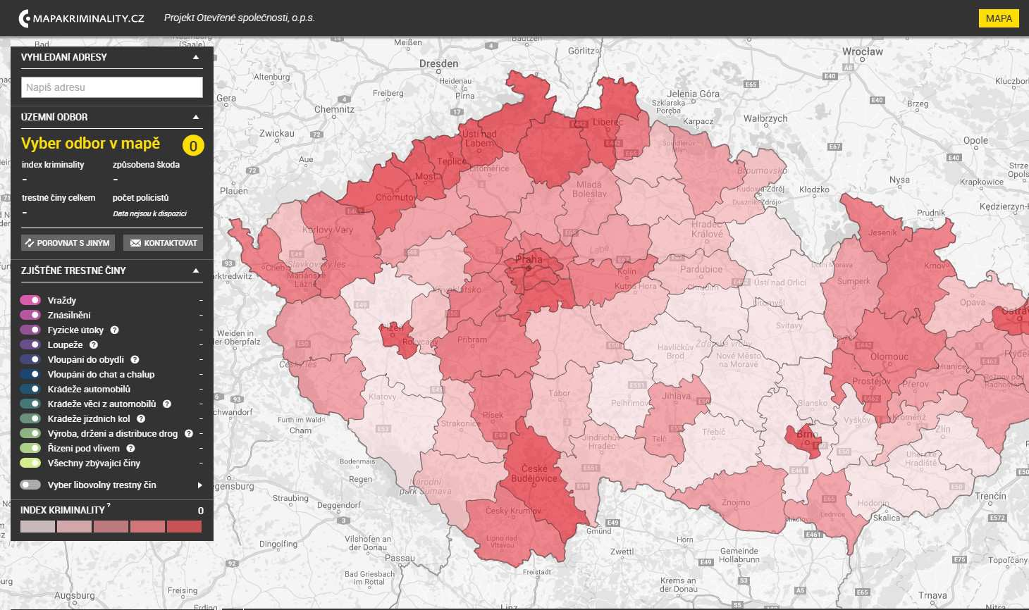 Mapové zobrazení celkové kriminality na úrovni územních odborů ČR zdroj Mapakriminality Celková kriminalita proti předchozímu roku 2015 zaznamenává