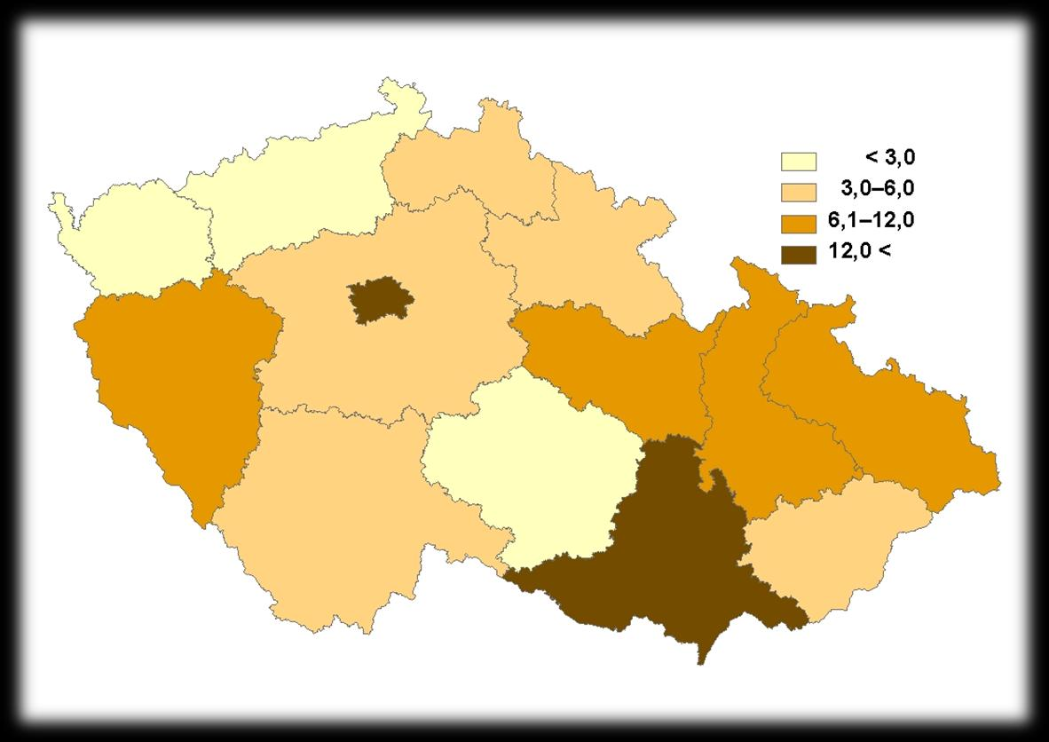 Obr. 9: Výzkumní pracovníci (HC) podle krajů ČR, 2012 (na 1 000 zaměstnaných v daném kraji) 2,0 5,4 0,6 5,0 21,5 7,8 5,4 8,1 2,1 8,1 6,5 4,7 16,7 4,8