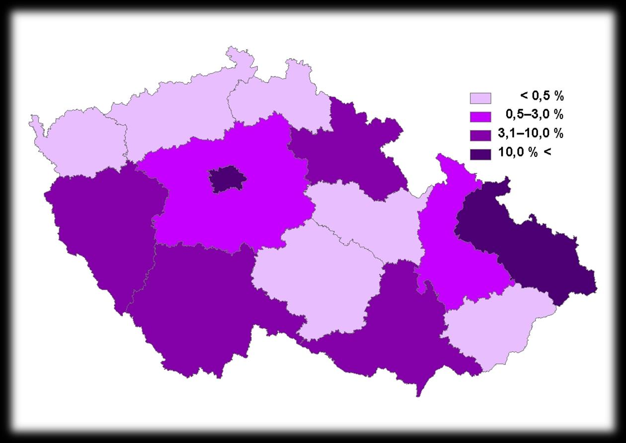 Obr. 22: Výdaje na VaV uskutečněné ve vysokoškolském sektoru podle krajů ČR, 2012 (podíl z celkových výdajů na VaV ve vysokoškolském sektoru v ČR) 577 mil. Kč 0 mil. Kč 177 mil. Kč 5 380 mil.