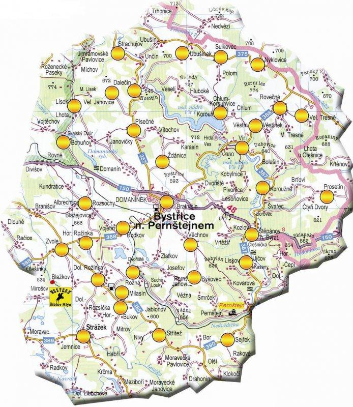 Obrázek č. 2: Mapa Mikroregionu Bystřicko [1] 1.2 Geologie a geomorfologie Bystřicko se nachází v Hornosvratecké vrchovině, která je součástí Českomoravské vrchoviny.