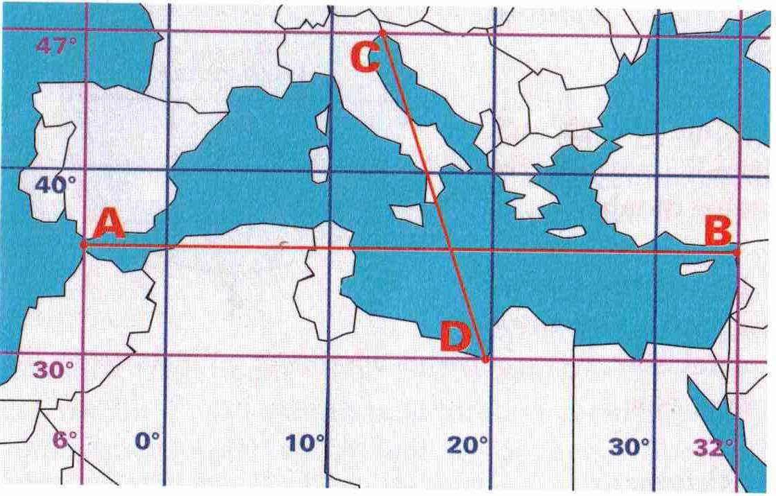 2. Zeměpisná síť Zeměpisná poloha pomocí zeměpisné sítě (poledníků a rovnoběžek) můžeme určovat polohu všech míst na zeměkouli Délka Středozemního moře je znázorněna úsečkou AB.