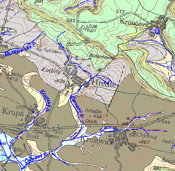 GEOMORFOLOGIE TERÉNU Pro stanovení byl použit terén výškopisu státní mapy. Terén sloužil pro konečnou korekci hranice dle fyzického stavu území.funkční nivy v údolí téměř nejsou.