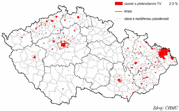 Obrázek č. 2: Mapa oblastí ČR s překročenými imisními limity pro ochranu zdraví, 2009 Obrázek č.