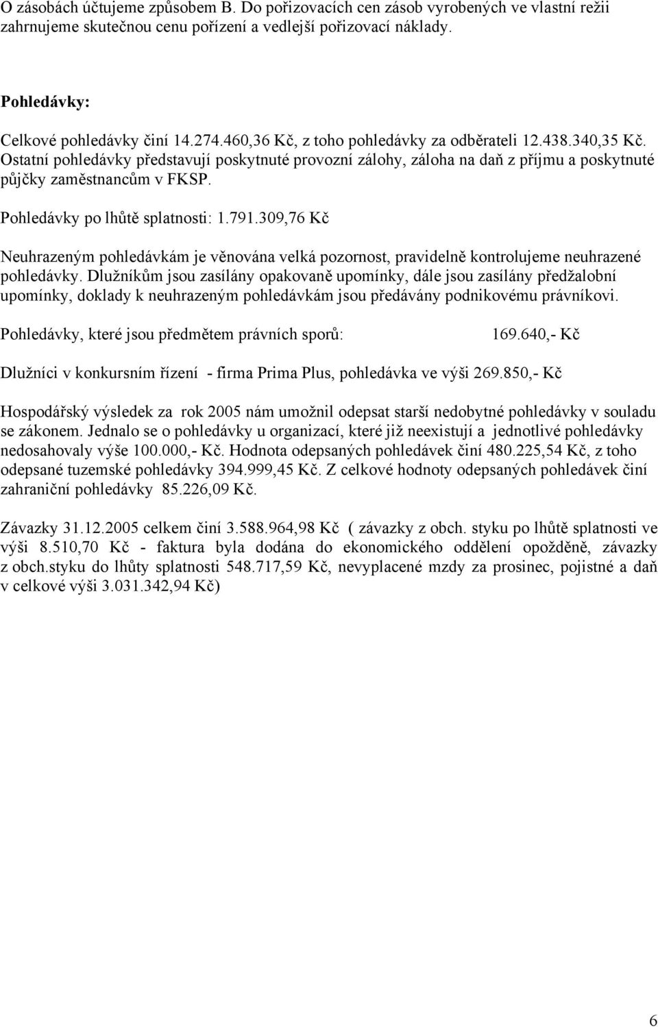 Pohledávky po lhůtě splatnosti: 1.791.309,76 Kč Neuhrazeným pohledávkám je věnována velká pozornost, pravidelně kontrolujeme neuhrazené pohledávky.