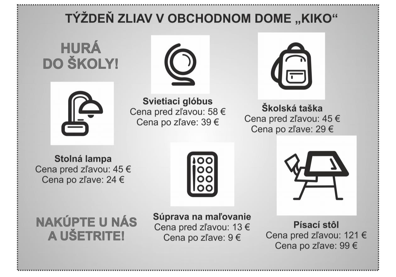 18. V obchodnom dome KIKO mali pred začiatkom školského roka týždeň zliav. Ceny pred zľavou a po zľave uverejnili v reklamnom letáku, ktorý je na obrázku.