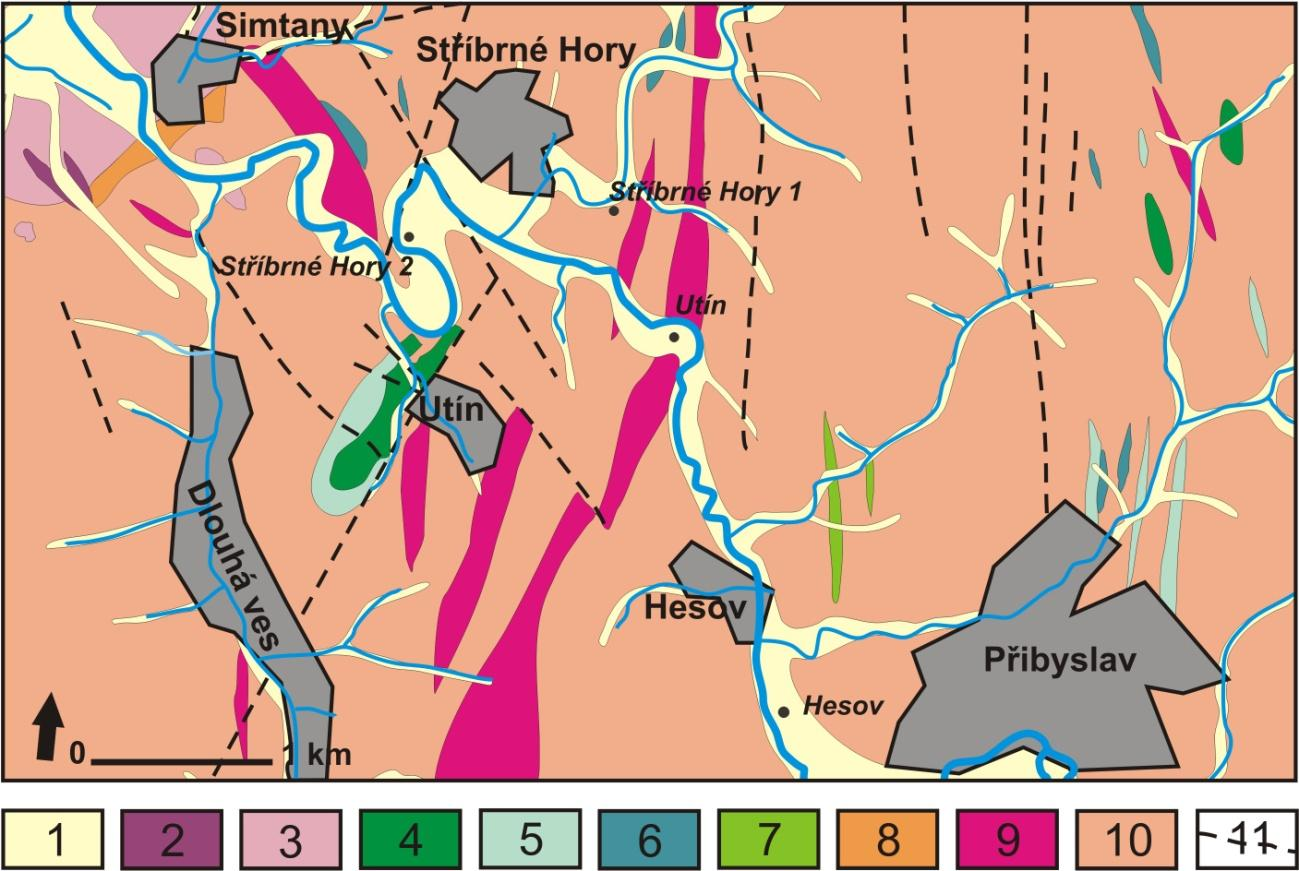 Obr. 1: Geologická mapa okolí vybraných lokalit, přepracováno podle mapy.geology.