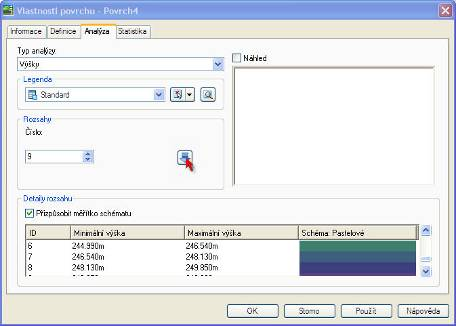 Vybereme záložku Analýza, kde jako typ analýzy zvolíme Výšky. Styl legendy Standard. Rozsah analýzy 9. A přiřadíme jej pro vykreslení. Měřítko vykreslení necháme přizpůsobit schématu.