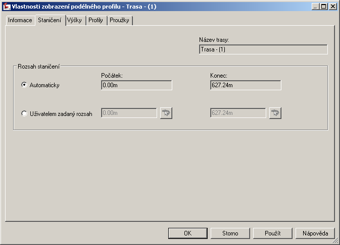 V záložce staničení spravujeme rozsah staničení. Můžeme v profilu zachovat staničení celé, nebo ho uživatelsky nastavovat dle naší potřeby.