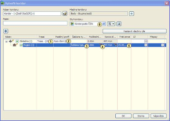 Po výběru všech tří prvků definujících koridor se otevře dialogové okno, které slouží k bližšímu nastavení vlastností vytvářeného koridoru.