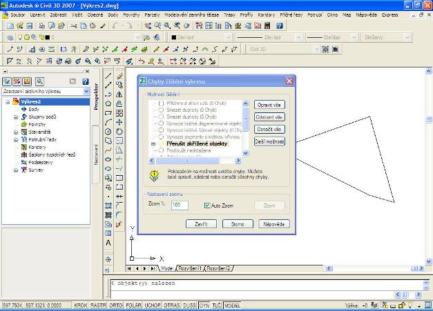 AutoCAD Map 3D provede čištění podle Vámi zadaných hodnot a možností.