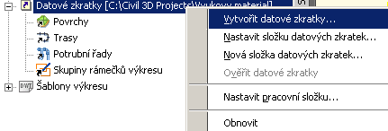 Nyní je již možné nasdílet objekty z projektu Civil 3D do této pracovní složky. Před tím než je možné data nasdílet je potřeba výkres uložit.