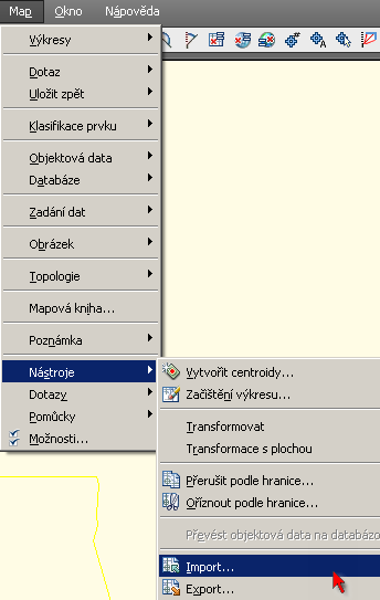 2.4.6. Export a import dat programu Microstation Importovat a exportovat data z programu Microstation nám umožňuje nabídka Map a příkaz Export/Import v nabídce Nástroje.