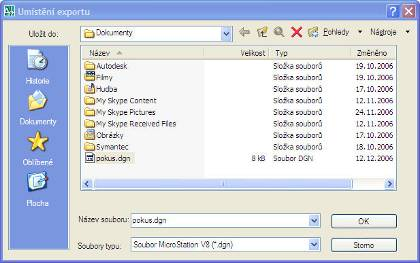 2.4.6.2. Export dat do.dgn V nabídce Map Nástroje Export vybereme Soubor Microstation V7 nebo Soubor Microstation V8 -.dgn, dle toho do jakého chceme data exportovat.