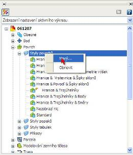 V okně Prostor nástrojů, v záložce Nastavení vybereme položku Povrch-Styly povrchů. Zde pravým tlačítkem vyvoláme místní nabídku.