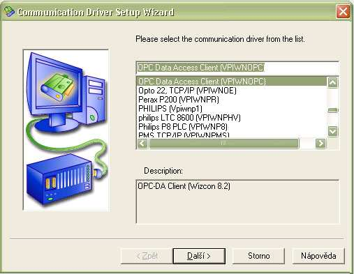 Obrázek 16 - Wizcon - Nastavení komunikačních ovladačů Po zadání logického jména driveru, což znamená naše pojmenování, už není nutné žádné nastavené hodnoty měnit a instalace driveru se může