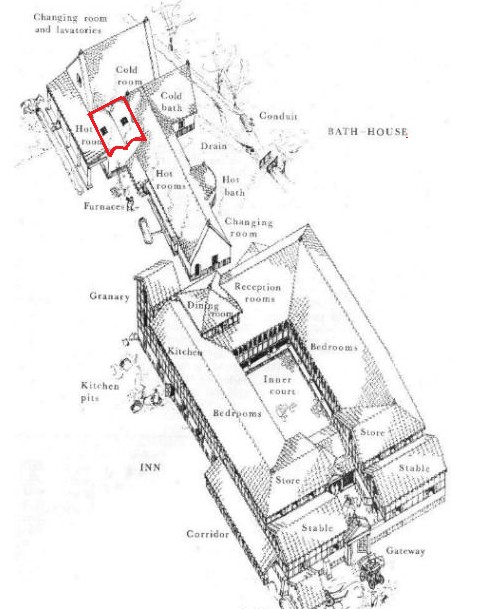Obr. 45. Půdorys lázní v Godmanchesteru s označením jednotlivých pokojů. Obr. 46.