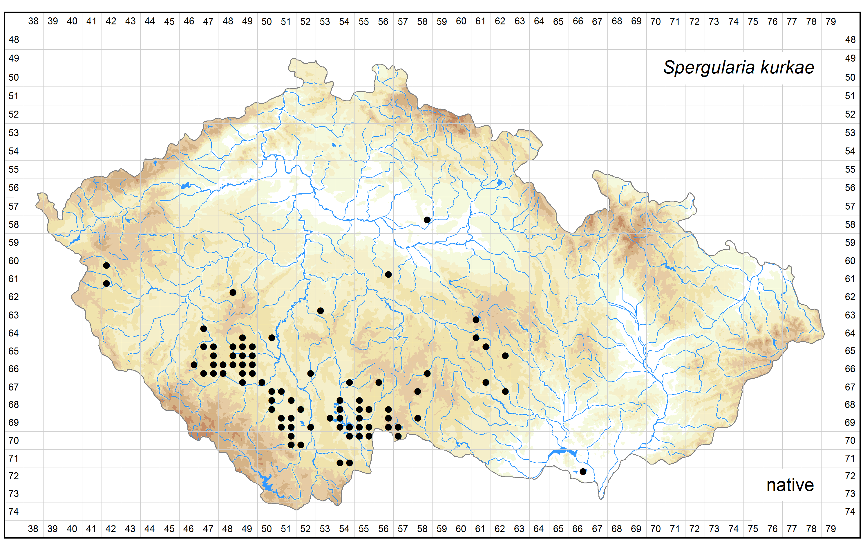 Distribution of Spergularia kurkae in the Czech Republic Author of the map: Pavel Kúr Map produced on: 12-05-2016 Database records used for producing the distribution map of Spergularia kurkae