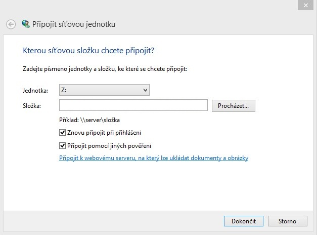 3. Do pole "Složka" vložte: \\alfresco.fit.cvut.cz\alfresco\sites\intranet\documentlibrary Po kliknutí na tlaítko "Dokonit" se systém zeptá na pihlašovací údaje. Vyplte celoškolské jméno a tzv.