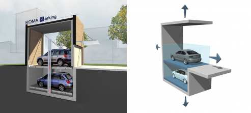 1.2.3 Koma Lift Obrázek.8 - Koma Pallet Poloautomatický systém parkování s uložením automobilů na palety nad sebou. Výhodné řešení při vjezdu z jedné nájezdové úrovně.
