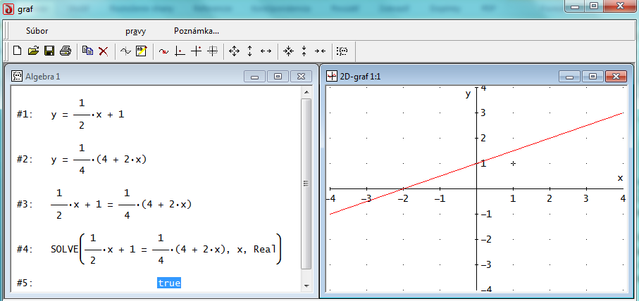 Obrázok 38 Numerické aj grafické riešenie rovnice z úlohy c) Príkladu 12 Poznámka Nevýhodou grafického riešenia rovníc sú približné hodnoty koreňov.