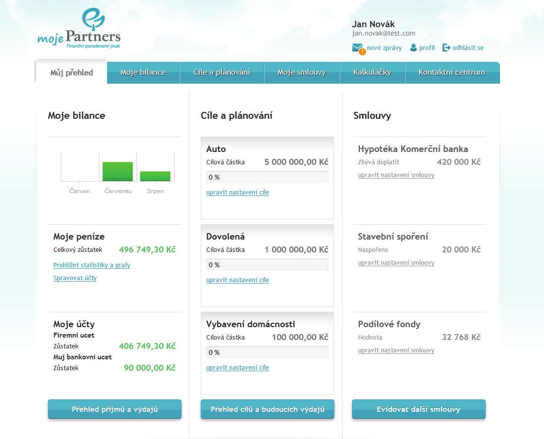 Můj přehled Na jednom přehledném místě sledujte Přehled těch nejdůležitějších informací z celého portálu, a to ve třech základních oblastech: Moje bilance graf finanční bilance za poslední tři