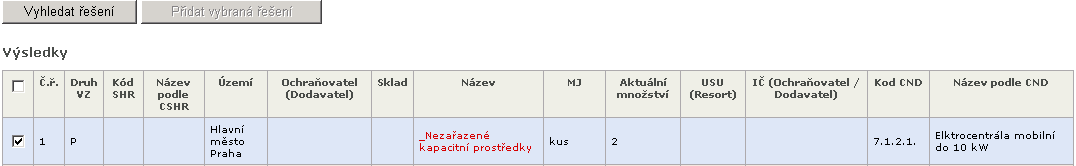 Zadejte parametry vyhledávání (Území, USU, Obec, Sklad) a stiskněte Vyhledat řešení Z výsledků vyhledávání zdrojů (viz kapitola 4.