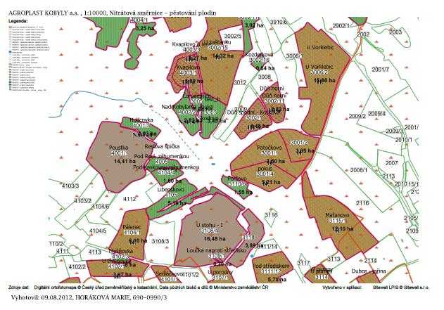Obrázek 11 Ukázka mapy "Nitrátová směrnice - detail uložení hnojiv" Mapa Nitrátová směrnice detail uložení hnojiv zobrazuje plochy, kde je možné ukládat hnojiva.