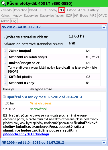 Obrázek 2 Popisné informace k NS 2012 3.1 INFORMACE O NS NA ZEMĚDĚLSKÉ PARCELE Popisné informace k NS naleznete na Portálu farmáře (PF) také na záložce NS v detailu zemědělské parcely.