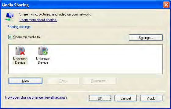Windows Media Player v11 na systému Windows XP 1 Nastavení pro sdílení sítě 2 V aplikaci Windows Media Player vyberte v nabídce možnost Library (Knihovna) a vyberte položku Media sharing (Sdílení