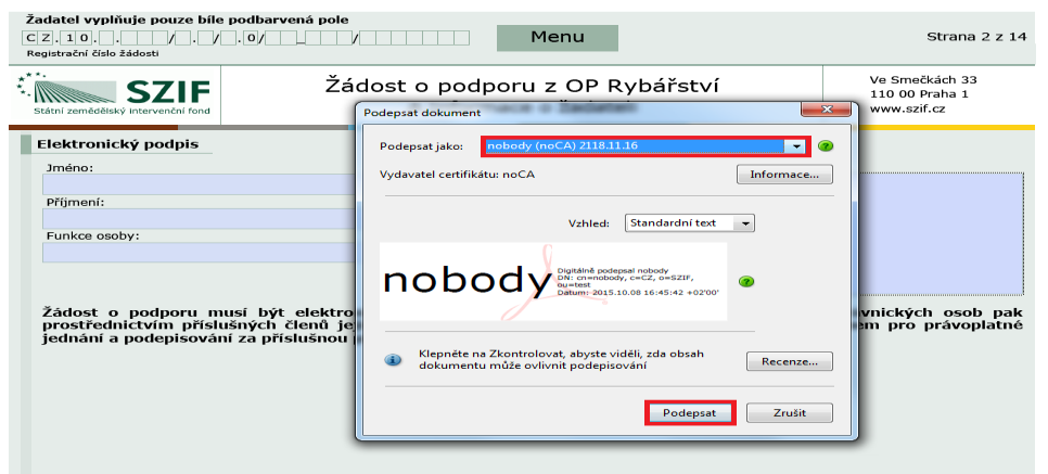 Žadatel napíše počet osob, které budou elektronicky podepisovat Žádost o podporu a klikne na tlačítko OK (např.