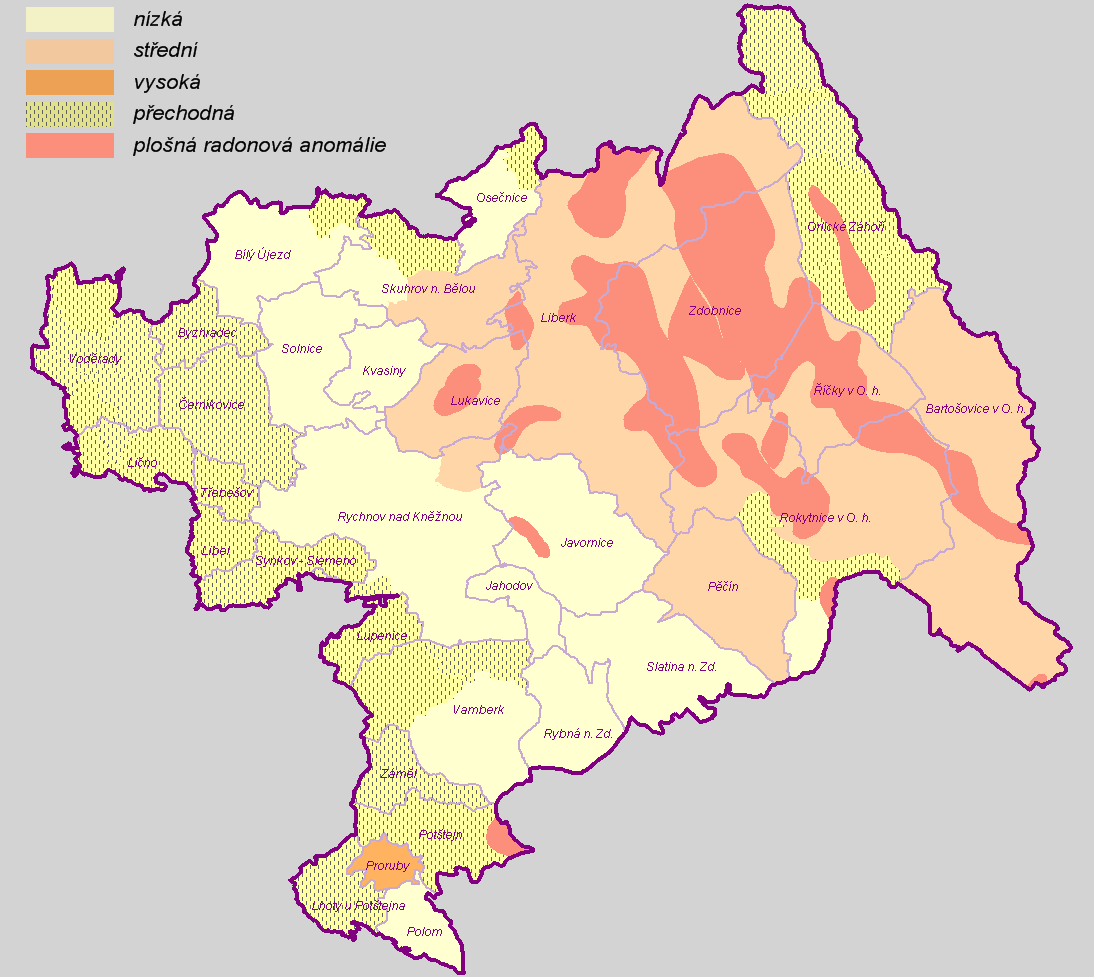 ÚAP ORP RYCHNOV NAD KNĚŽNOU aktualizace 2016 9 V území ORP se nacházejí poměrně rozsáhlé plochy radonové anomálie. Převážná část území může být ohrožena lokálním pronikáním radonu z podloží.