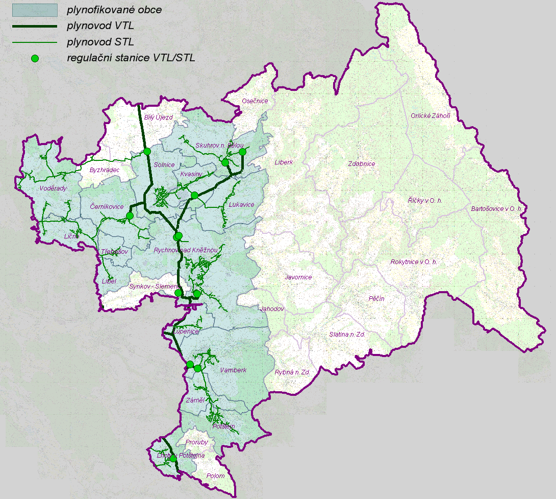 ÚAP ORP RYCHNOV NAD KNĚŽNOU aktualizace 2016 26 Plynofikace v území ORP : Centrální zásobování teplem - v území ORP je několik výtopen : Rychnov nad Kněžnou - výtopna Na Drahách s horkovodním