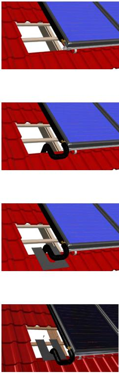 Montáž střešní průchodky Pro montáž střešní průchodky nejprve odstraňte střešní krytinu v místě montáže. Připojovací potrubí protáhněte střechou a poté propojte s kolektorovou přípojkou.