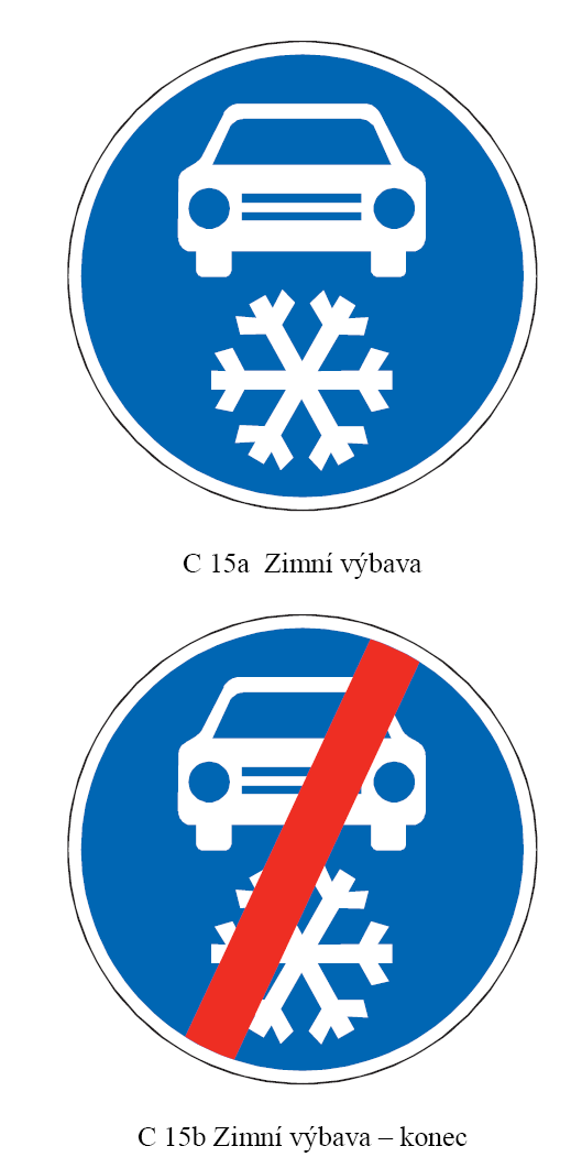 kolech; použití zimních pneumatik může být nahrazeno použitím sněhových řetězů; pod značkou může být umístěna dodatková tabulka E 12 s uvedením odlišné doby platnosti, aa) Zimní výbava konec (č.