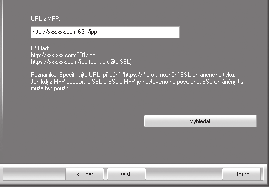 INSTALACE OVLADAČE TISKÁRNY / OVLADAČE PC-FAX 5 Zadejte URL stroje a klikněte na tlačítko [Další].