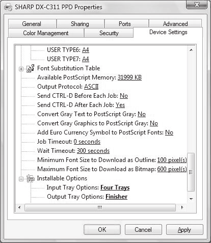 INSTALACE OVLADAČE TISKÁRNY / OVLADAČE PC-FAX 3 Nakonfigurujte ovladač tiskárny podle doplňků nainstalovaných na stroji. (1) (2) (3) (1) Klikněte na záložku [Device Settings].