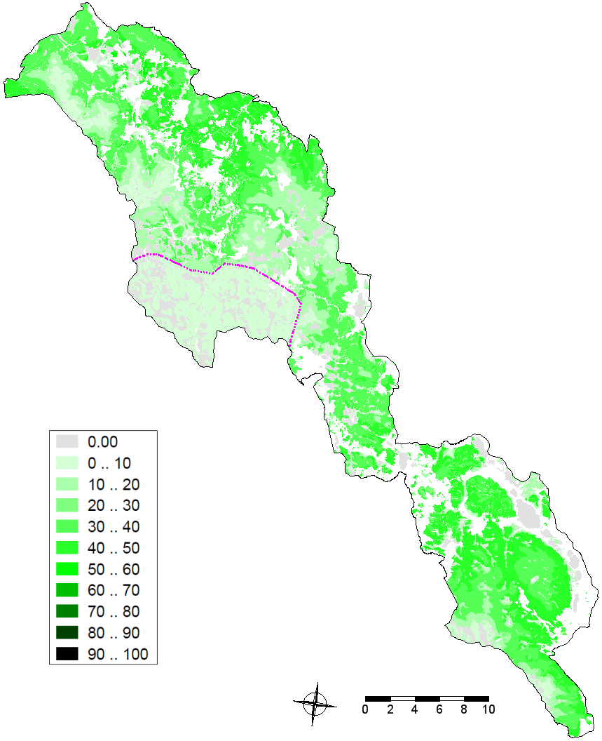 Obr. 9. Současné (vlevo) a modelované (vpravo) zastoupení Fagus sylvatica (v %) v NP Šumava.