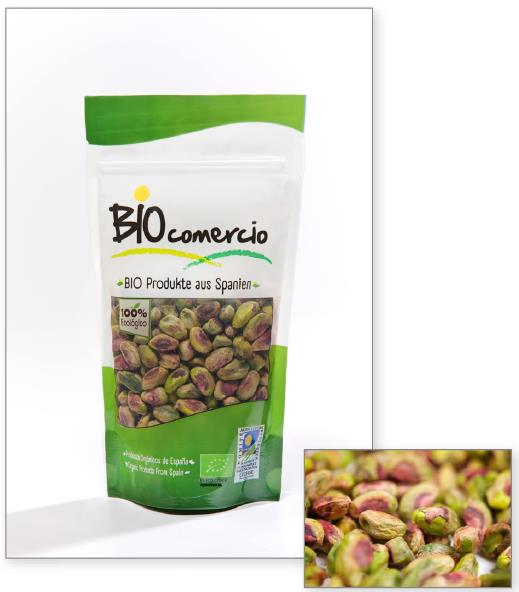 Bio pistácie pražené solené Bio pistácie přírodní loupané Číslo produktu: 409 Číslo produktu: 410 Složení: bio pistácie, mořská sůl Původ: Španělsko Velikost: velká Hmotnost netto: 150 g Minimální