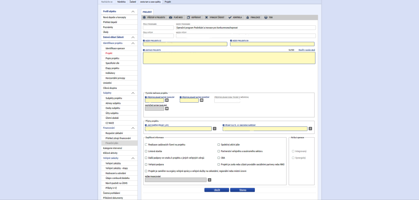 Tisk - sedmá záložka pod Identifikace operace Tisk spustí vytisknutí projektové žádosti do PDF (Adobe Acrobat Reader) 1.4.