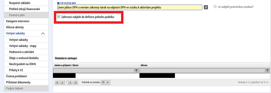 5 6 Na záložce Subjekty projektu žadatel u záložky Typ subjektu vybere Žadatel/příjemce. Vyplní Identifikační číslo a klikne na tlačítko Validace.