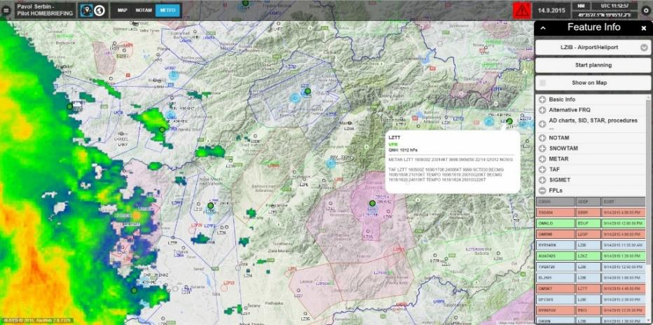 Vizualizácia správ METAR a METEO+ Vrstva s informáciou/snímkou z METEO RADAR georeferencovaná(shmú) Vrstva bleskov(shmú) Satelitné snímky(hrv IR,