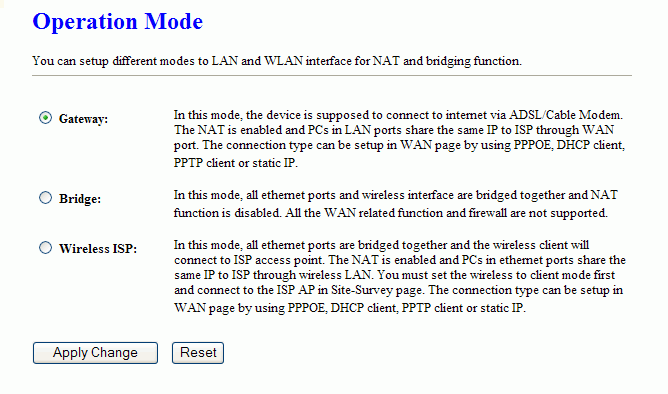 3.3.3 Operační mód Tato stránka určuje v jakém módu bude WiFi router pracovat. Položka Gateway Bridge Wireless ISP Apply Change Běžná konfigurace brány.