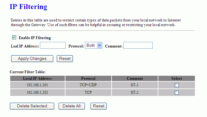 3.3.15 Firewall - Filtrování protokolu IP Záznamy v této tabulce umožňují přesměrovat vybrané síťové služby mezi vaší sítí a Internetem.