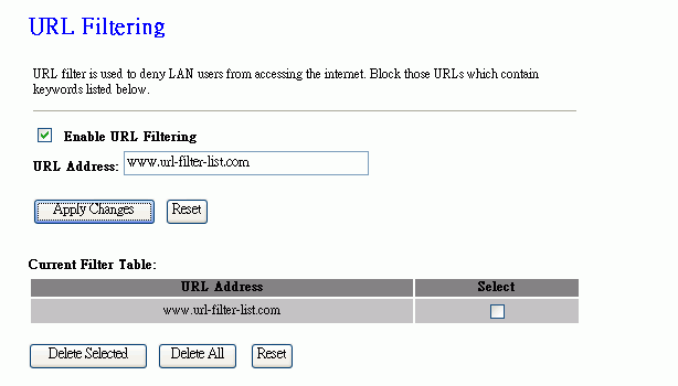 3.3.18 Firewall - URL Filtering Záznamy v této tabulce omezují přístup na námi zadanou URL adresu. Používání těchto filtrů vám může pomoct při zabezpečování a vymezování vaší sítě.